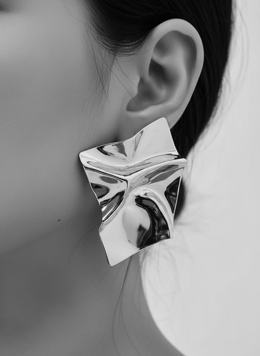 Crushed Square Metal Earring Silver