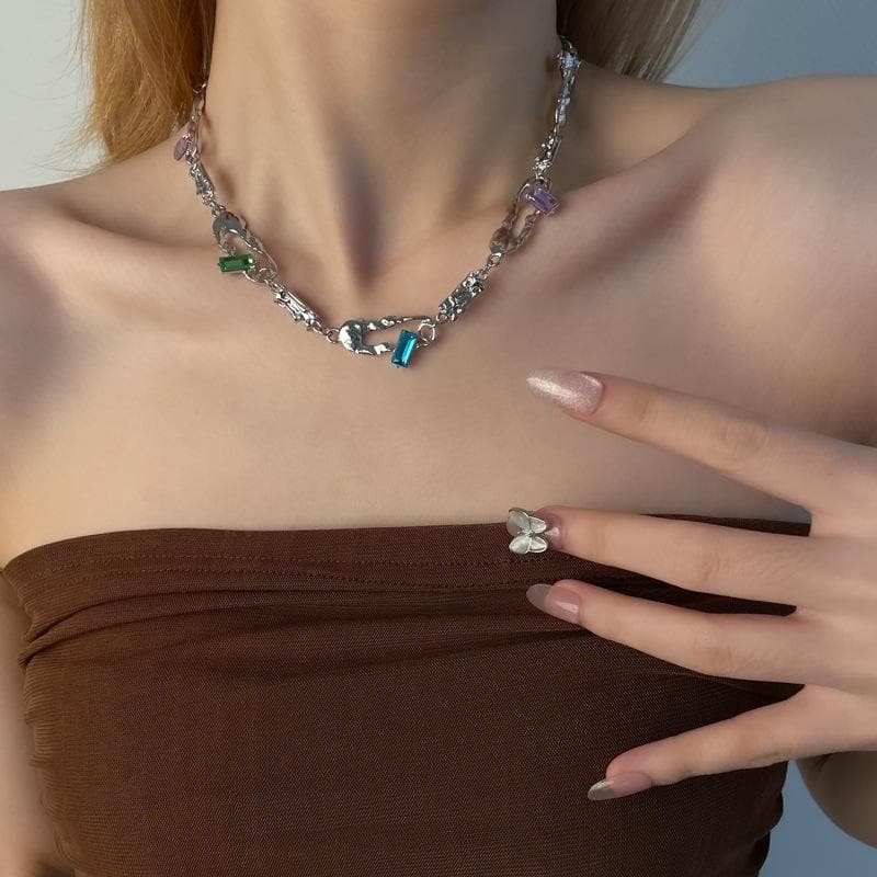 Multicolor stone irregular choker necklace