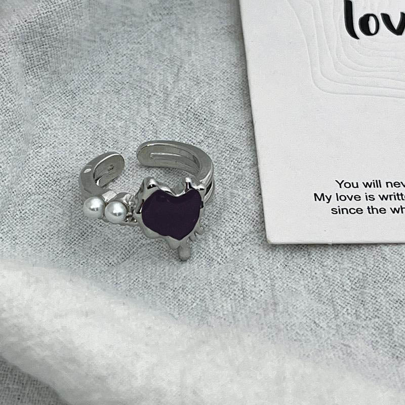 Heart lava silver pearl open ring